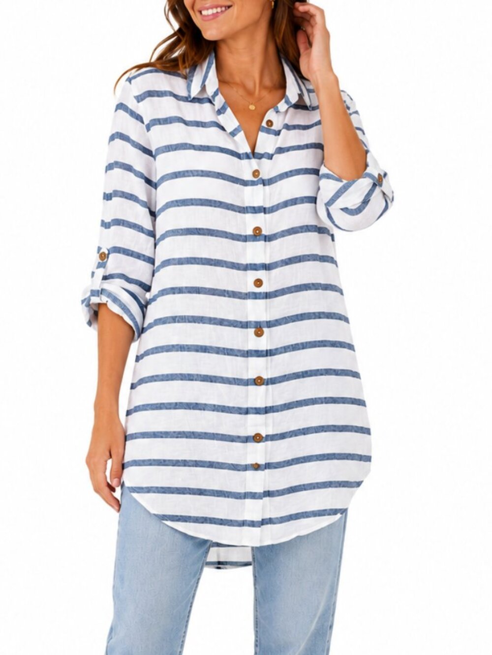 VIOLA BORGHI Linen Button Front Tunic Top White Blue SM 3/4 Sleeve Coastal Boho